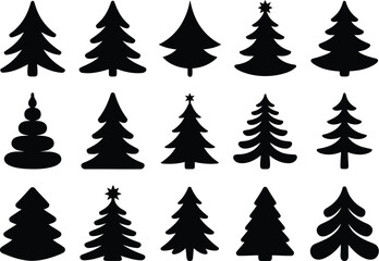 Fifteen Black Christmas Tree Silhouettes in Assorted Shapes for Holiday Designs
