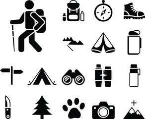 Hiking Icons Illustration of Outdoor Adventure Gear, Campsite Elements, and Nature Symbols