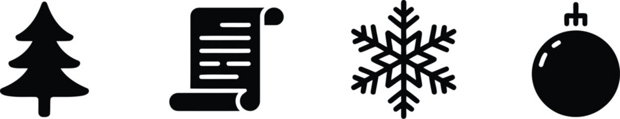 Isolated Black Christmas Icons Tree, Wish List, Snowflake, and Ornament Illustration on White