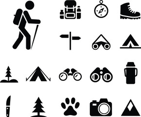 Hiking and Camping Icon Set Featuring Gear, Nature, and Outdoor Adventure Elements