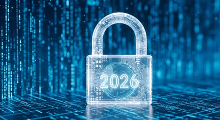 Futuristic transparent digital lock with 2026 glowing in the center digital technology cybersecurity security concept digital smart lock background circuit lines and data flow