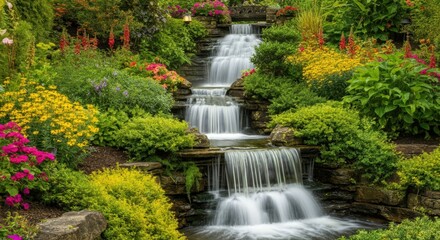 Obraz premium Lush Garden Waterfall With Vibrant Pink Yellow And Red Flowers And Greenery Lush Garden Waterfall With Vibrant Pink Yellow