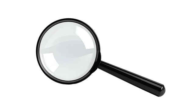 A clear, glossy magnifying glass with a black handle sits against a solid black background
