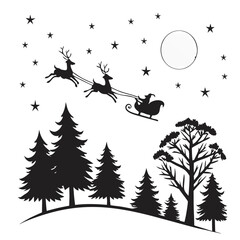 Naklejka premium peaceful christmas landscape with pine trees, moon and flying santa sleigh — monochrome vector silhouette style.