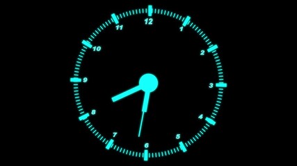Cyan Glowing Clock Face with Numbers and Hand on Black Background time dial. Digital cyan clock with luminous numbers and moving hand on black backdrop for sleek abstract visuals. - Powered by Adobe