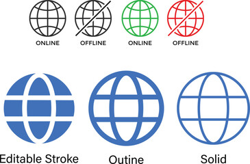 Globe icon set, website icon in editable stroke outline, world icon vector global www internet sign, website global vector illustration,
