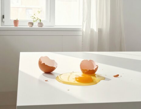cracked brown eggs with their shells lie on a clean, bright white table, spilling the yolk and white in a minimal kitchen scene near a sunny window. - Powered by Adobe
