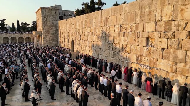 Large Crowd of Jewish People Praying at the Western Wall in Jerusalem.