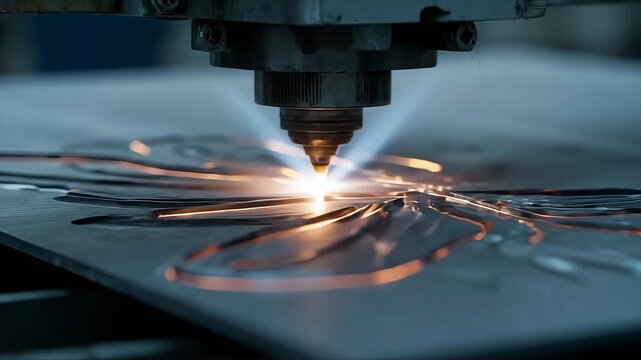 Laser cutting metal with precision and bright light in a modern industrial setting for manufacturing applications and innovative technology solutions