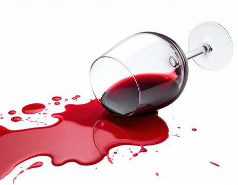 A crystal clear wine glass is overturned on a white surface, with a splash of deep red liquid, resembling red wine or blood, dramatically spilling out and spreading.