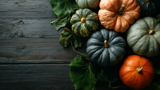 Colorful selection of pumpkins arranged on a wooden surface for autumn decor - Powered by Adobe