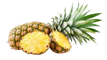Fresh pineapple with green leaves isolated on transparent background, cut in half