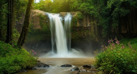 Fototapeta premium Lush Green Forest Waterfall With Pink Wildflowers And Sunlight Through Trees