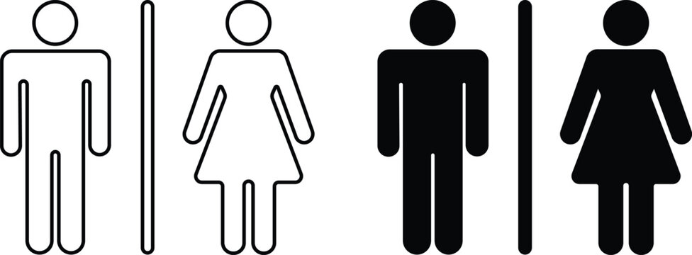 Male and female restroom pictograms in both line art and silhouette styles