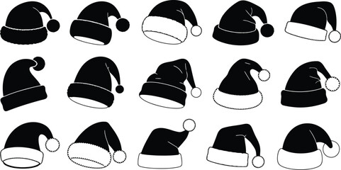 Black and White Santa Hats Silhouettes Arranged in a Festive Holiday Pattern