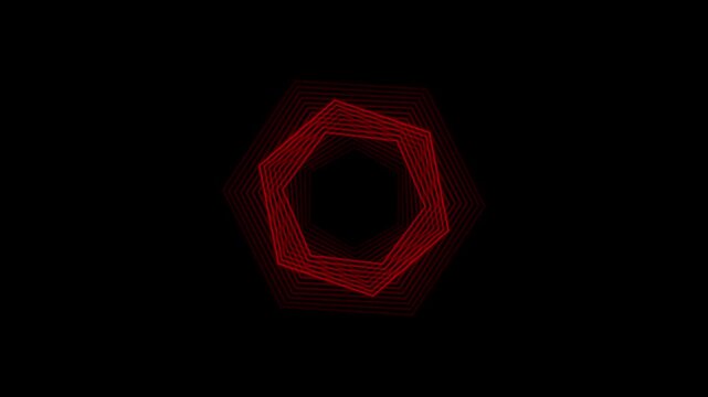 Red neon geometric spiral layered pentagon tunnel glowing abstract rotating digital sci-fi background