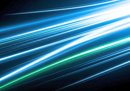 A mesmerizing display of vibrant light streaks, creating a dynamic and futuristic effect with a blend of cool blues and greens against a stark black backdrop