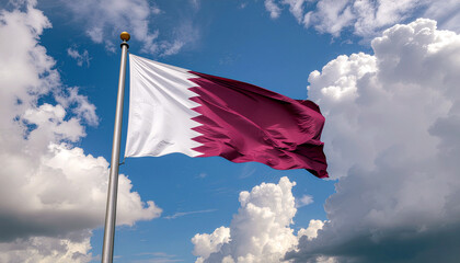Majestic Qatari flag proudly waves against a dramatic sky, symbolizing national pride and heritage, perfect for patriotic projects.