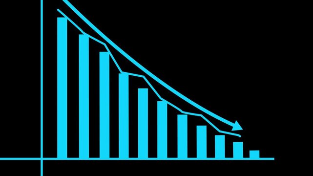Cyan Bar Graph with Declining Bars on Black Background chart data. Minimal cyan chart showing downward trend on dark background, clean analytics interface for data.