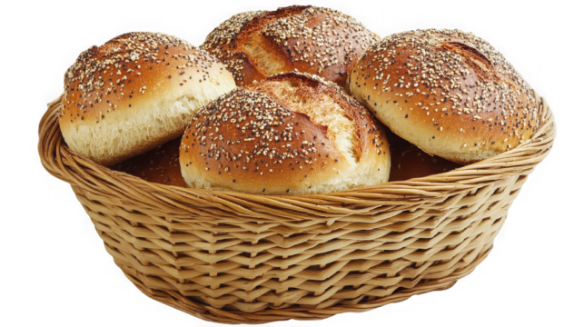 Basket full of fresh homemade buns isolated on transparent background