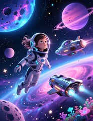 Cute Child Astronaut Floating in Colorful Space Scene