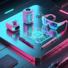 Futuristic Neon Tech Gadgets on Modern Desk