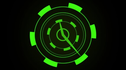 Green Circular HUD Element with a Clock Hand and Dotted Rings technology. Vibrant green hud element with analog-style clock hand, dotted rings, and high-tech interface overlay. - Powered by Adobe