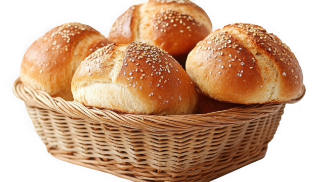 Fresh baked buns in a basket isolated on transparent background, ready to eat