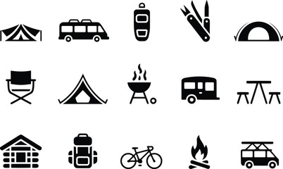 Camping and Outdoor Activity Icons Tents, Campers, Backpacks, and Picnic Tables Silhouettes