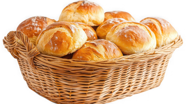Basket full of fresh baked buns isolated on transparent background, ready to eat