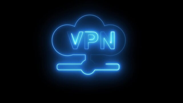 Blue Neon VPN Cloud Icon with Connection Symbol on Black Background virtual private network