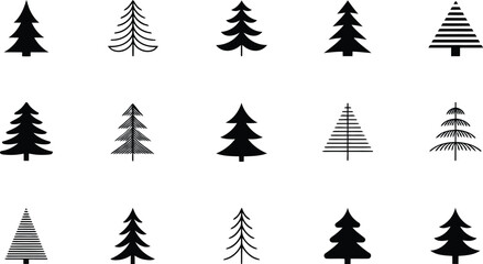 Collection of Fifteen Unique Black and White Christmas Tree Illustrations on a White Background