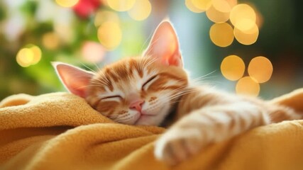 Sleeping orange tabby kitten on soft yellow blanket with warm bokeh lights in background - Powered by Adobe