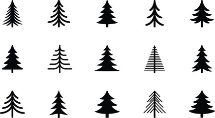 Diverse Collection of Black Silhouette Pine Tree Illustrations on White Background Elements