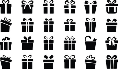 Diverse Collection of Black Silhouette Gift Boxes with Decorative Ribbons and Bows on White