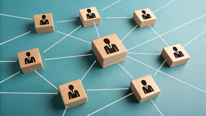 Wooden blocks with people icons connected by lines represent networking