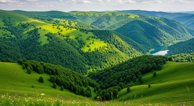 Lush Green Rolling Hills and Valley with a Distant Blue Lake Under a Partly Cloudy Sky