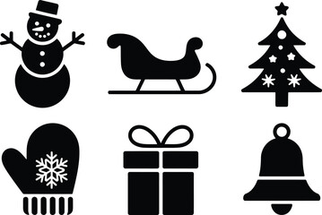 Festive Black Winter Icons Snowman, Sleigh, Tree, Mitten, Gift, and Bell