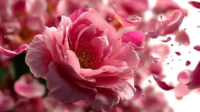 Beautiful pink rose with petals floating in air