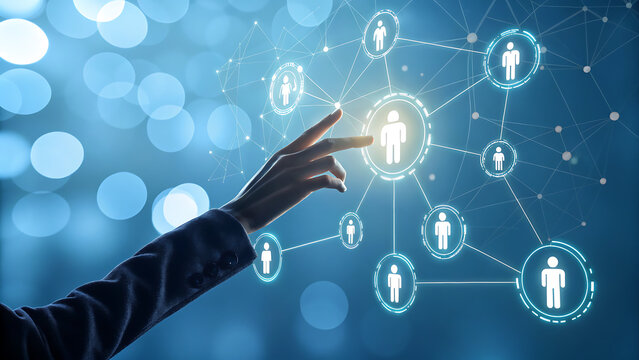 Hand touching a digital screen with people icons representing networking