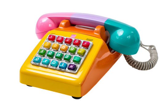 Colorful retro toy telephone with buttons isolated on transparent background