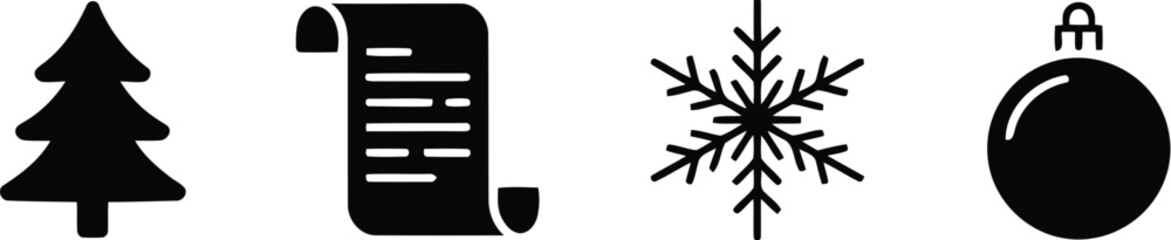 Minimalist Black Icons Featuring Christmas Tree, List, Snowflake, and Ornament Isolated on White