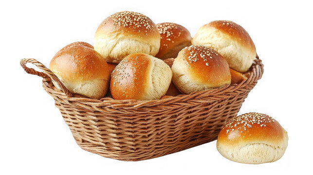 Freshly baked sesame bread rolls in a basket isolated on transparent background