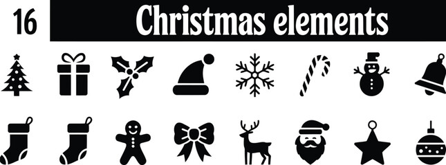 Sixteen Black Christmas Icons Tree, Gift, Holly, Hat, Snowflake, Candy, and More
