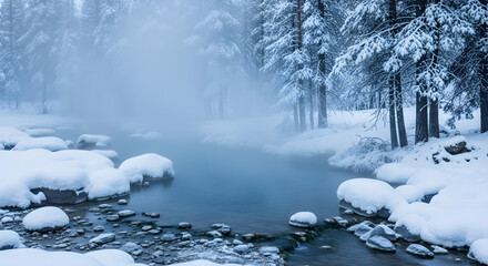 Ethereal blue river flowing through a tranquil, snow-covered pine forest, with mist rising from the water on a cold winter day.