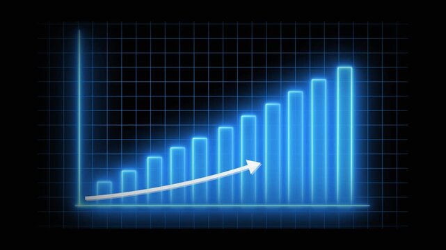 Glowing neon blue bar graph with grid overlay shows financial growth, data visualization, and business success. Neon Blue Bar Chart with Grid Overlay on Black Background graph growth. - Powered by Adobe