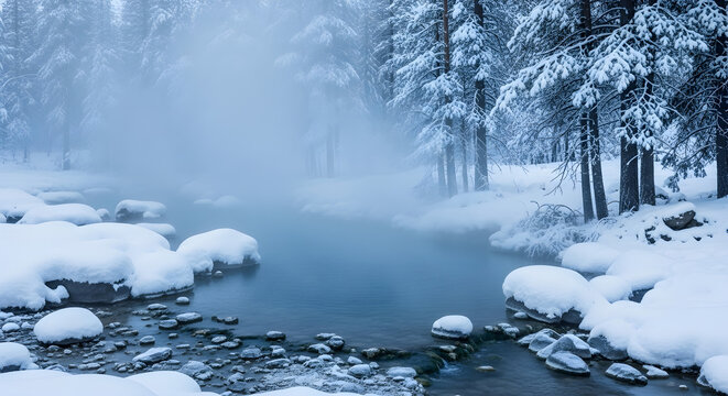 Ethereal blue river flowing through a tranquil, snow-covered pine forest, with mist rising from the water on a cold winter day. - Powered by Adobe