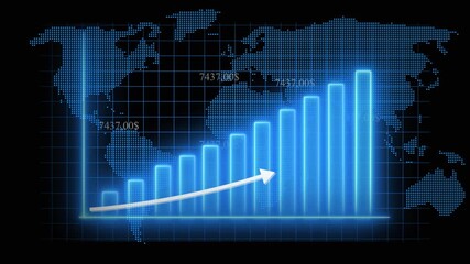 World map overlay represents global financial progress, data visualization, and business growth. Glowing Blue Bar Chart Overlaying Dotted World Map with Financial Data graph growth. - Powered by Adobe