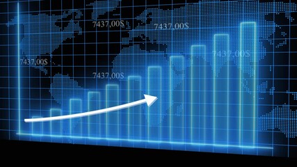 Animated blue bars on world map visualize international finance, data analysis, and economic performance metrics. Digital Blue Bar Graph and World Map with Financial Data Overlay finance chart. - Powered by Adobe