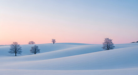 Peaceful winter landscape with gently rolling snow-covered hills and a scattering of bare trees beneath a soft pastel sky at dawn.